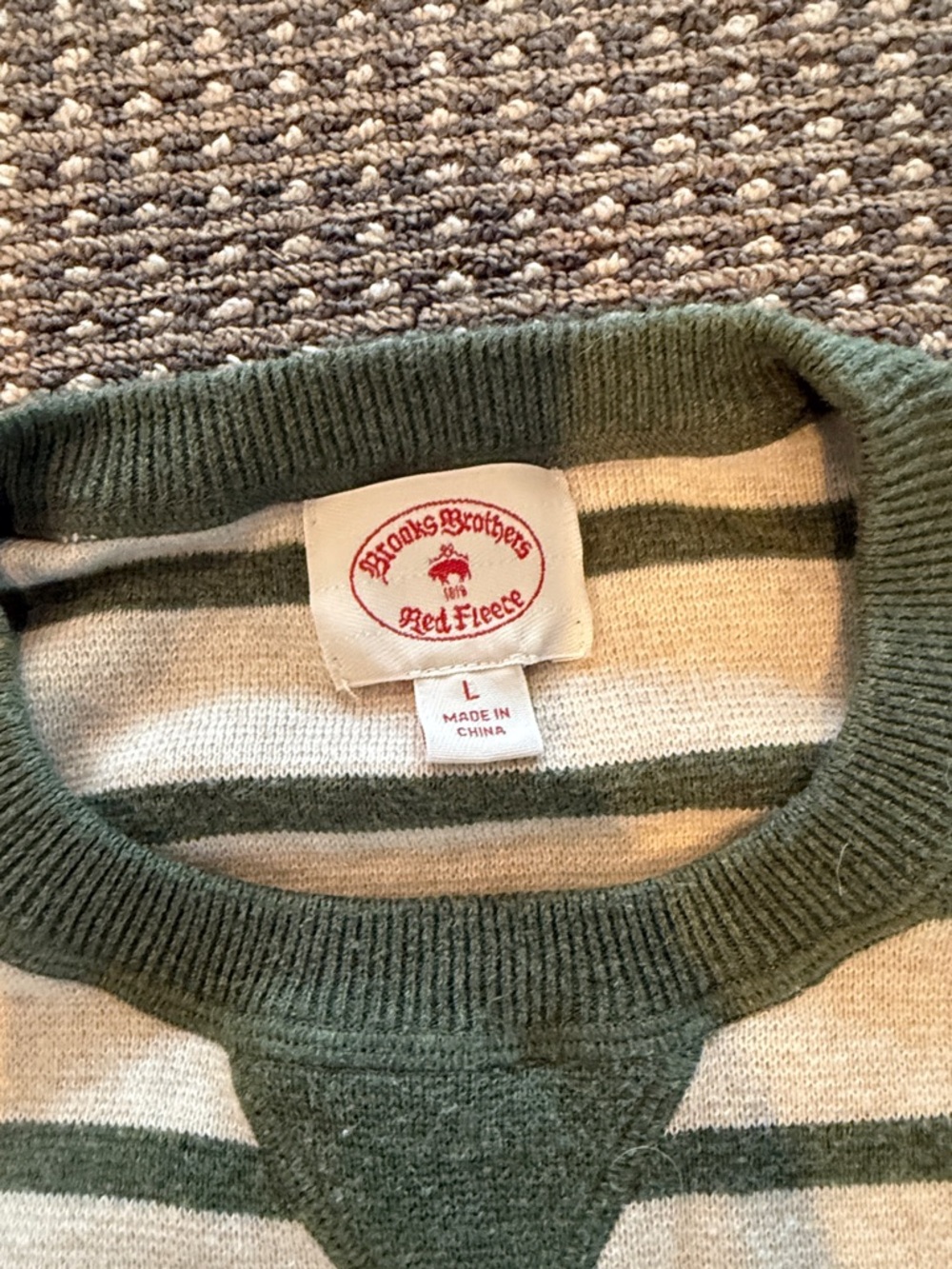 Brooks Brothers Cream & Green Striped Crewneck Sweater with Elbow Patches - Picture 3 of 5
